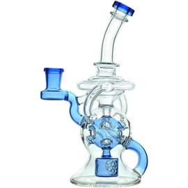 Calibear Infinity Loop Klein Recycler in clear and blue glass with bent neck, looped recycler tubes, and Seed of Life percolator.