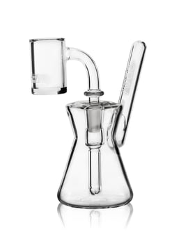 GRAV Hourglass Pocket Bubbler Rig in clear glass with hourglass chamber, angled mouthpiece, downstem, and quartz banger.