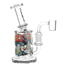 Pulsar Day Drippin’ on Planet Shroom Dab Rig in clear glass with colorful mushroom artwork, curved neck, round chamber, and 14 mm banger.