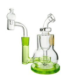 The Chief Mini Rig in clear and green glass with angled mouthpiece, showerhead percolator, quartz banger, and bubble carb cap.