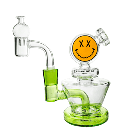 Big Face Mini Rig in clear and green glass with angled mouthpiece, disc percolator, quartz banger, and bubble carb cap.