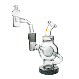 Orbit Mini Rig in clear glass with smoke-grey joint, angled mouthpiece, quartz banger, bubble carb cap, and round splash guard.