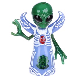 SeshGear Angelien Glass Dab Rig shaped like a green alien with black eyes, blue skeletal body, raised arms, and SeshGear logo.