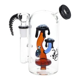 Pulsar Magma Lake Mushroom Water Pipe in clear glass with orange and blue mushroom percolator, angled mouthpiece, and 14 mm herb bowl.