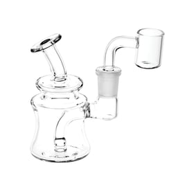Pulsar Clear Glass Mini Dab Rig with angled mouthpiece, downstem percolator, and 14 mm quartz banger.