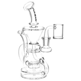 Pulsar Kicked Back Recycler Rig in clear glass with curved mouthpiece, recycler tubes, disc percolator, and 14 mm banger.