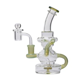 Human Grade Stubby Klein Recycler Rig in clear and green glass with curved mouthpiece, recycler tubes, quartz banger, and carb cap.