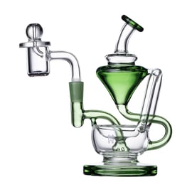Human Grade 5" Recycler 1A in clear and green glass with quartz banger and carb cap.