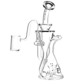 Pulsar Opposed Cones Recycler Dab Rig in clear glass with curved mouthpiece, dual-cone body, recycler tubes, and 14 mm banger.