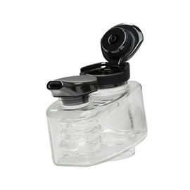 Side view of the DaVinci EQ Jacuzzi Bubbler, a clear borosilicate glass water chamber with its hinged black carb cap flipped open.