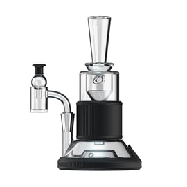 Softglass Tandem Rig Kit in clear glass with black silicone base, straight mouthpiece, ball perc, quartz bucket, and bubble cap.
