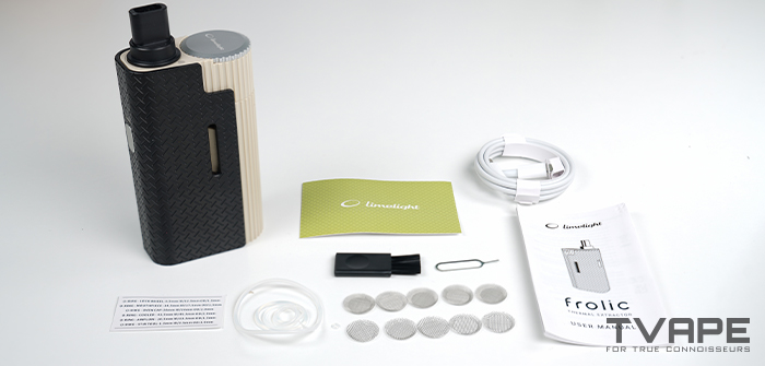 Limelight Frolic vaporizer full kit with accessories including wax canister, screens, cleaning brush, and USB cable