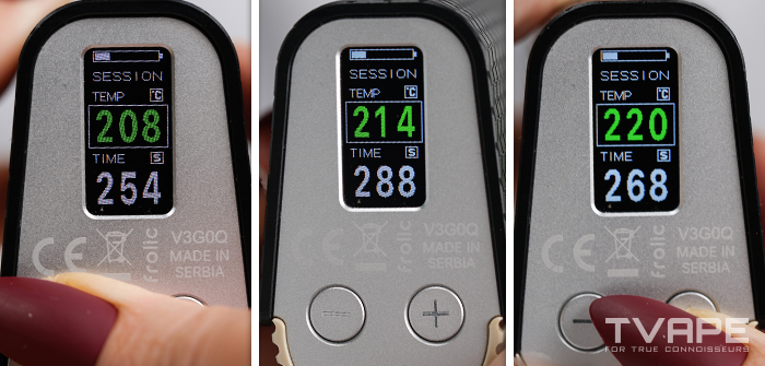 Limelight Frolic portable vaporizer full color LCD showing wax mode temperature set to 220°C during a session