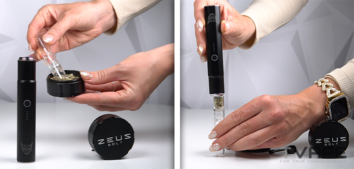 Linx Saber Dry herb Vaporizer being loaded with herb
