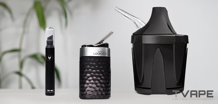 Lookah Python concentrate vaporizer is shown with Zeus Iceborn for vapor cooling and Utillian Hot Wax Axe dab tool for convenient concentrate loading