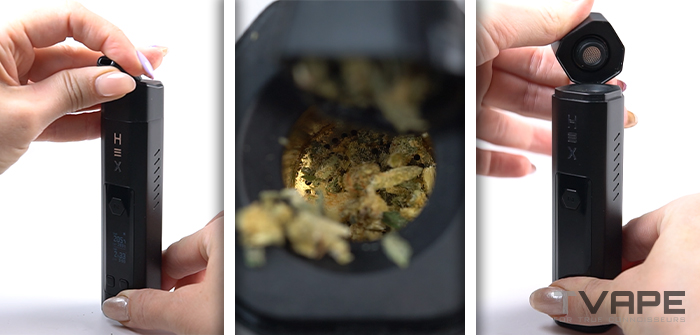 Nectar Hex Dry herb Vaporizer being loaded with herb
