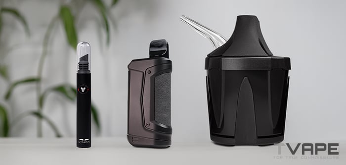 Ooze Duplex 2 concentrate vaporizer is shown with Utillian Hot Wax Axe dab tool for effiicient concentrate loading and Zeus Iceborn for vapor cooling