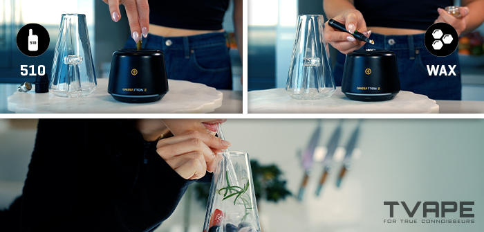 Tronian Omegatron 2 dual use: a hand screwing a 510 thread cartridge into the base, a hand loading wax into the heating chamber with a dab tool, and a person sipping vapor through the glass straw from a cup filled with ice and a green herb garnish.