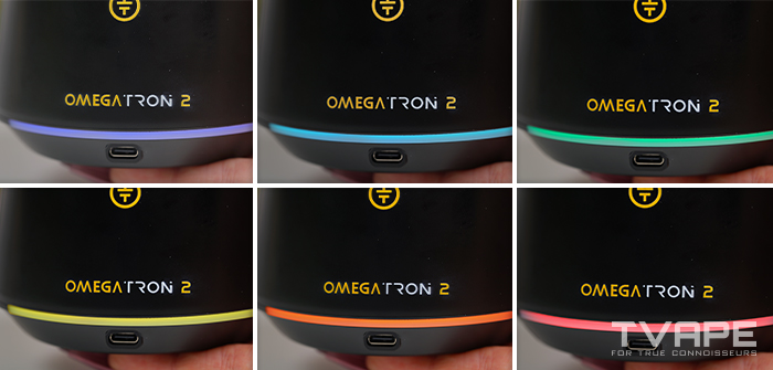 Six close-ups of the Tronian Omegatron 2 base with the LED ring lit in dark blue, light blue, green, yellow, orange and red, the six colors for its temperature levels on wax and power curves on 510 carts.