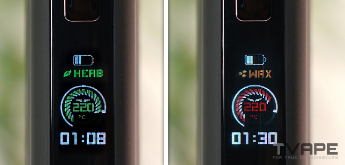 Utillian 850 portable vaporizer full color LCD showing wax mode temperature set to 220°C during a session