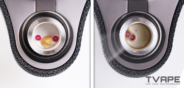 Side by Side close up of the Utillian 8 turbo chamber before and after heating wax