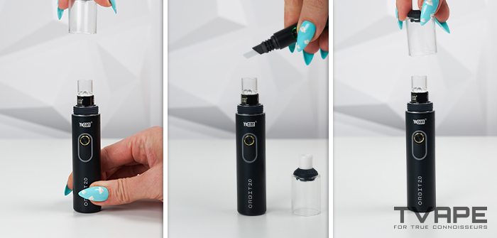 Yocan Orbit 2.0 shown in three steps: removing the glass mouthpiece, loading wax with a Utillian Hot Axe, and replacing the mouthpiece.