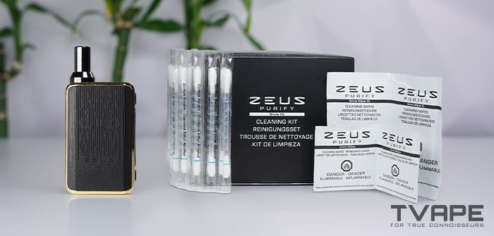 Zeus Ion Pro with Zeus Purify cleaning kit including cotton swabs and cleaning wipes