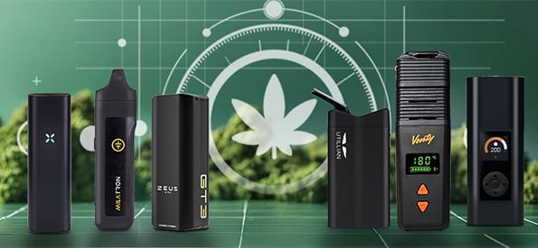 APortable vaporizers for dry herbs and travel use including Pax Flow, Tronian Milatron, Zeus Arc GT3, Utillian 723, Venty vaporizer, and Arizer Solo 3, compact and handheld designs for on-the-go vaping, displayed on green background