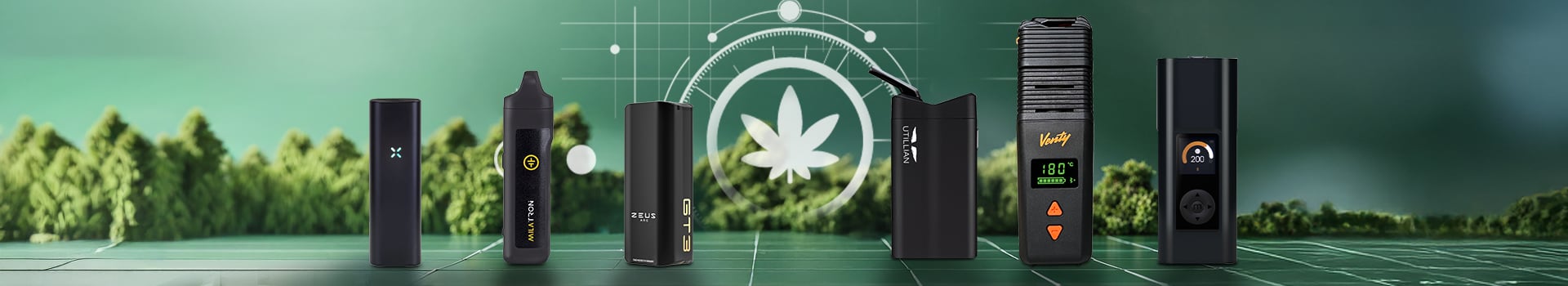 Portable vaporizers for dry herbs and travel use including Pax Flow, Tronian Milatron, Zeus Arc GT3, Utillian 723, Venty vaporizer, and Arizer Solo 3, compact and handheld designs for on-the-go vaping, displayed on green background