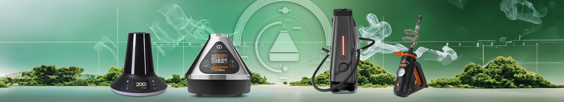 High-performance desktop vaporizers for dry herbs including Arizer XQ2 with balloon and whip system, Volcano Hybrid with dual inhalation modes, AirVape Enso Shisha hookah-style vaporizer, and Storz & Bickel Plenty handheld desktop vaporizer, featuring convection heating and precise temperature control