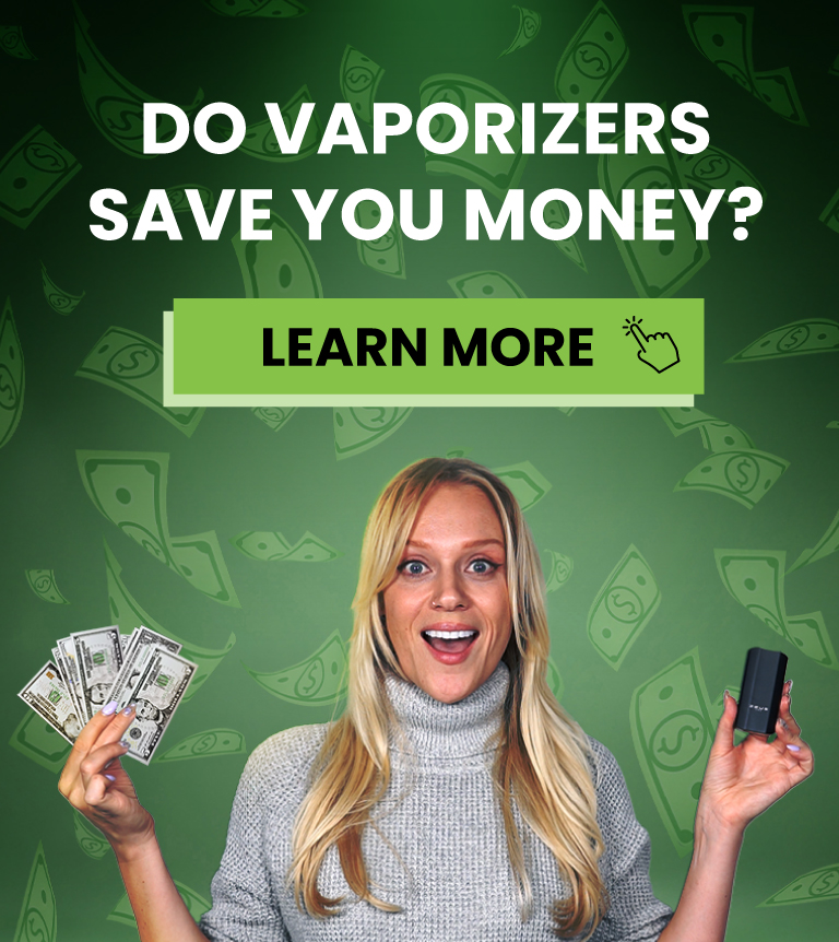 Smiling Woman with Vape & Savings - Affordable Dry Herb Vaporizers
