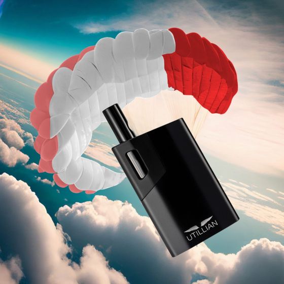 Utillian 621 in clouds with parachute
