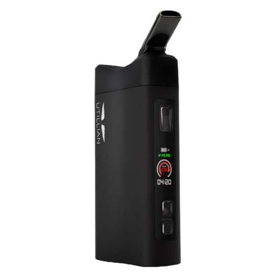 Utillian 850 dry herb vaporizer shown from front, side, and back angles with key features listed: dual core heating system, gold sink technology, color LCD display, dual use herb and wax, massive airflow with control, and 25-second heat up time