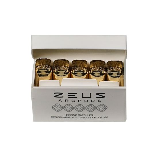 Packaging box of Zeus WaxPods GT, containing several gold cylindrical pods arranged in a row