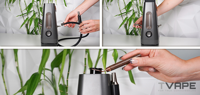 Three-step collage showing the AirVape Enso 2026 vapor hose being magnetically attached to the side port and the redesigned stainless steel mouthpiece being placed into the device