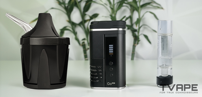 Arizer Go SRT vaporizer is shown with Zeus Iceborn and Utillian Bubbler for better vapor cooling