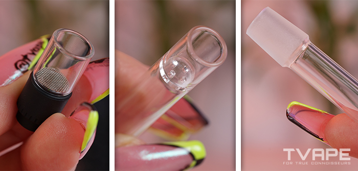 Arizer Go SRT vaporizer - a close-up view of the glass mouthpiece, water pipe adapter attachment and a Glass Pod