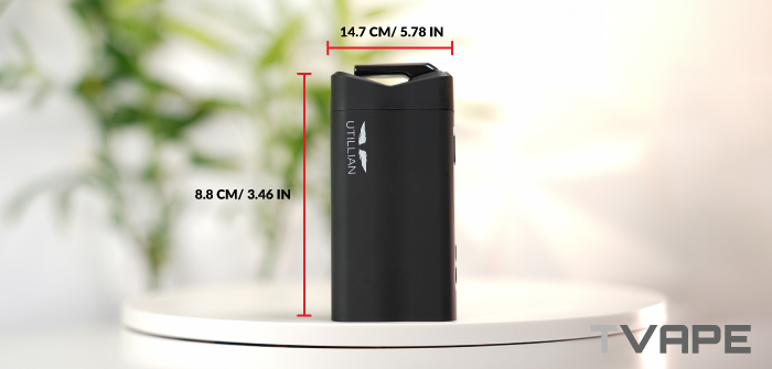 Utillian 850 dry herb vaporizer dimensions – 14.7 cm height and 8.8 cm width size chart