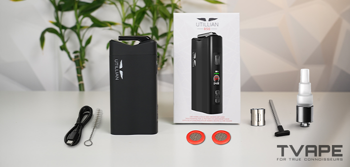 Utillian 850 vaporizer full kit with accessories including wax canister, screens, cleaning brush, and USB cable
