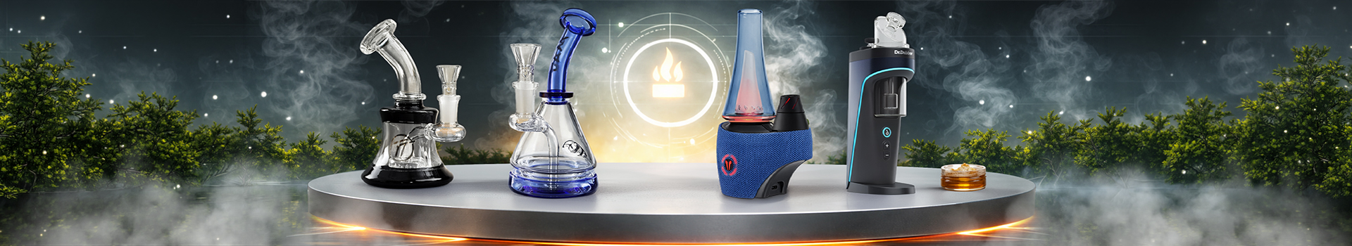 Selection of high-quality glass dab rigs and water pipes for concentrates, featuring various designs and percolators