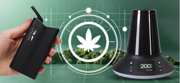 Hand holding Utillian portable dry herb vaporizer next to Arizer XQ2 desktop vaporizer with 200°C display on green tech background