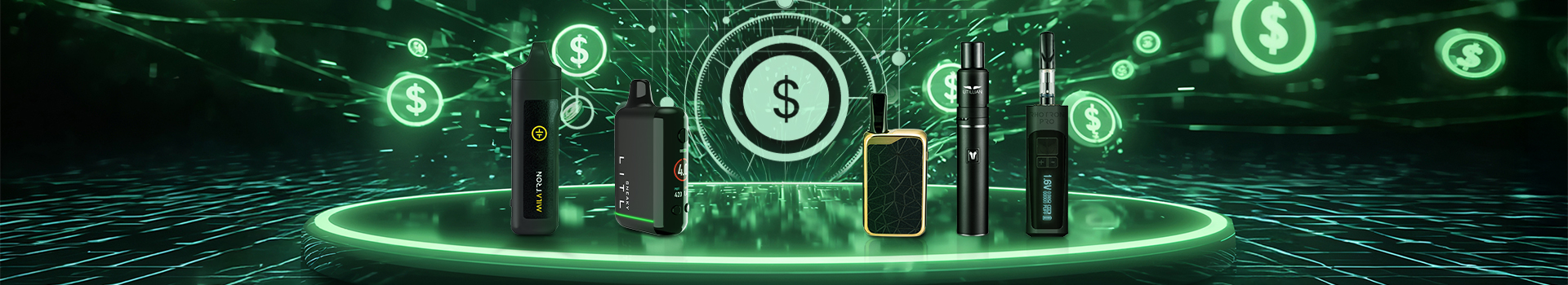 Affordable vaporizers under $100 including Tronian Milatron, Litl Sneaky, Zeus Ion, Utillian 5, and Tronian Rhotron Pro, displayed on glowing background