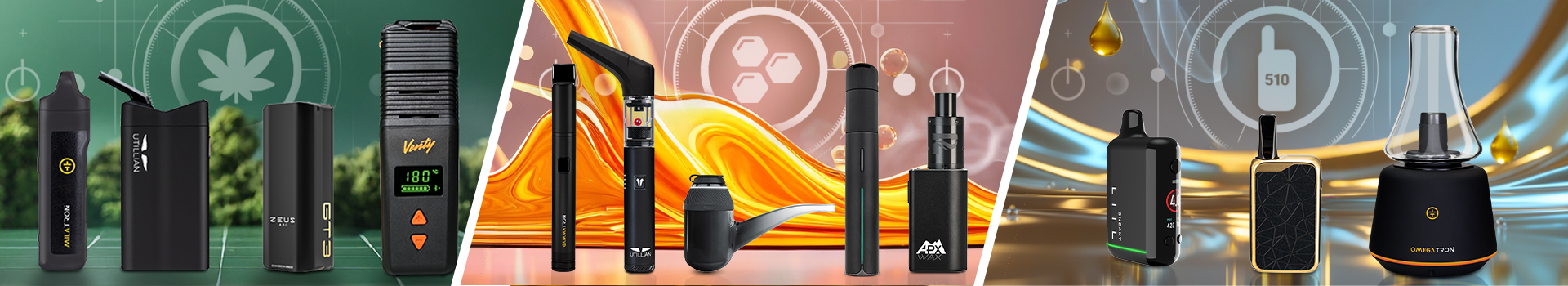 Selection of portable and desktop vaporizers for dry herb, wax, and oil concentrates with modern background graphics