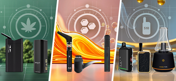 Selection of portable and desktop vaporizers for dry herb, wax, and oil concentrates with modern background graphics